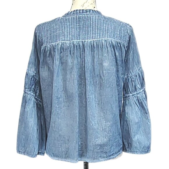 Rails Faded Blue Marlin Top Small Bell Sleeves Pintuck Yolk Peasant Cottage Boho - Picture 4 of 7